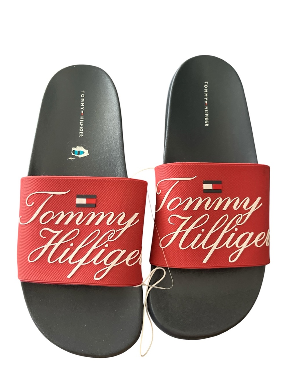 Tommy Hilfiger Red & Black Script Logo Slide Sandals